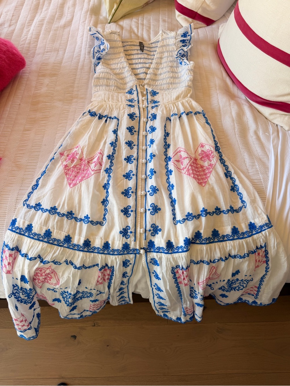 Anthropologie White Maxi Dress with Blue Embroidery and Pink Accents